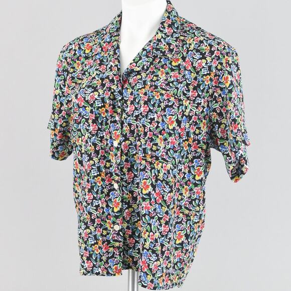 Vintage 80s Short Sleeve Black Floral Blouse Women's Petite Size 10 - Picture 6 of 10